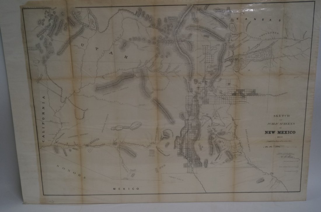 Sketch of Public Surveys in New Mexico: Sketch of public surveys in New Mexico 1860. Compiled from maps on file in Surveyor Generals Office in Santa Fe, New Mexico, September 1st, 1860. 25x34" with some brown staining on folds.