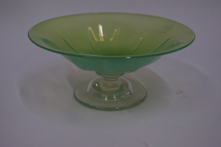 Art Glass Compote Attr. to Steuben: Hand blown footed compote , clear foot to lime green in the manner of Steuben.