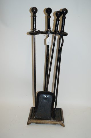 Iron Fireplace Tools & Lamp: Iron fireplace tools and a brass arts and crafts lamp 25"H. and 15.5" H. with a 10" aperture