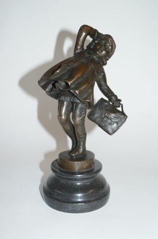 Bronze Girl with Valise Sgd.Clara: Windswept girl with a valise on a tiered marble base sgd. Juan Clara 10"H.