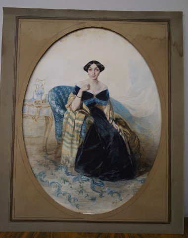 Franz Winterhalter; German Watercolor Painting Signed: Watercolor on paper, An Aristocratic Lady signed l.r.; 20.25in. X 15.25in.(image size). Please note: Water damage at top