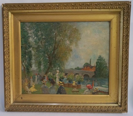 Charles Hoffbauer; American/French Oil Painting Signed: Oil on canvas, A Garden Party signed l.l.; 20in. X 24in.