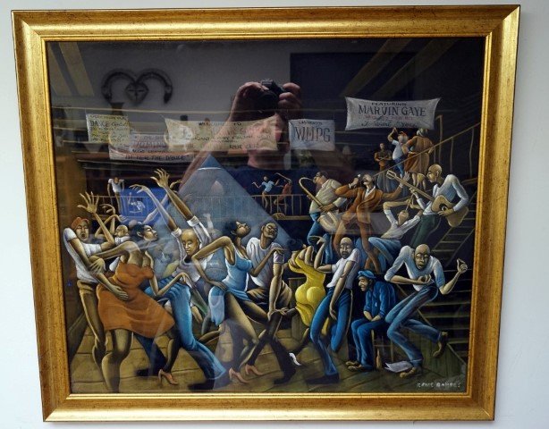 Ernie Barnes; 20th C. American Oil Painting Signed: Oil on cloth, Sugar Shack signed l.r.; 23.5in. X 27in. (This is thought to be a later version painted for an advertisement)