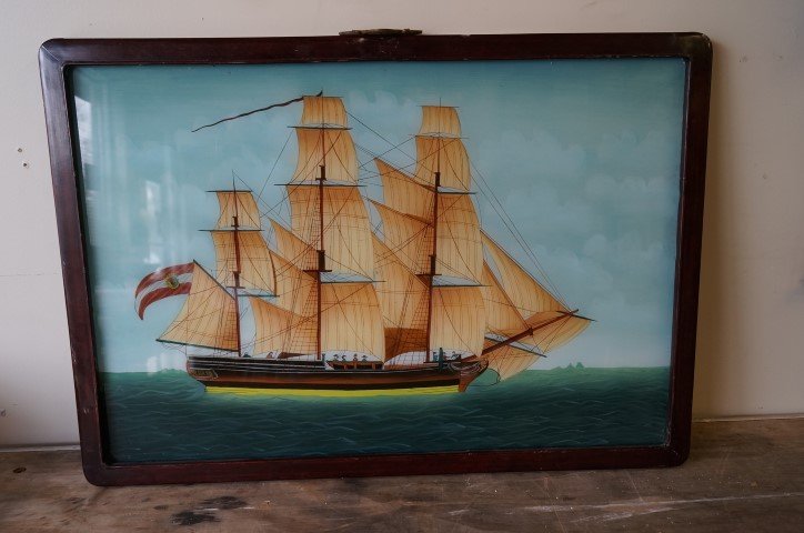 Framed Reverse Painting on Glass: Reverse painted glass, A China Trade Ship; 17.5in. X 26in.