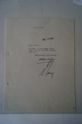 Mary Martin TLS: On Mary Martin letterhead "Dear Arnold, Oh Plop! It was awful being sick-but it was dear hearing from you- Affectionate, best thanks. Signed in ink, Always, Mary 6 1/2" x 8 1/2"