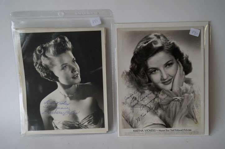 Signed Celebrity Photographs(3): Barbara Bates, sgd. in blue ink "Best Wishes To Minnie Barbara Bates (cardboard stock); Korman NY signed photo of Sunnie O'Dea; Martha Vickers sgd. photo, a publicity shot for Warner Bros.(has certifi