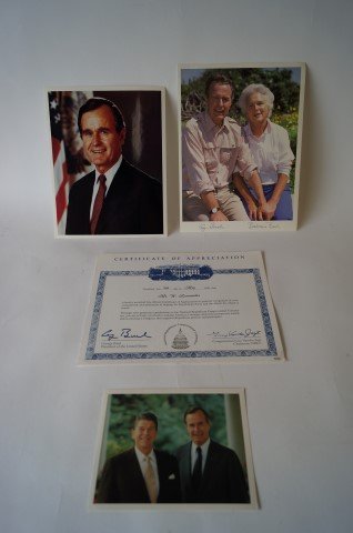 Ronald Reagan.George Bush Recognition Package: 1990 Certificate of Appreciation; a candid portrait of Barbara and George Bush; a portrait of George Bush and a Micheal Evans White House photo of Bush and Reagan with a back stamp for The White House