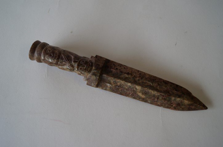Mayan Marble Dagger: Figural handle with hollow handle. 8 1/2"L.