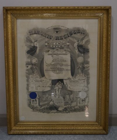 19th C. Framed Masonic Register of David Scott: Finely engraved register of Bro. David A. Scott. First Worshipful Master of Hudson River Lodge, No. 607. Elected Dec. 26, 1866-Re elected Dec. 1872-73. Original period gilt frame; 27.25in. X 21.25in.