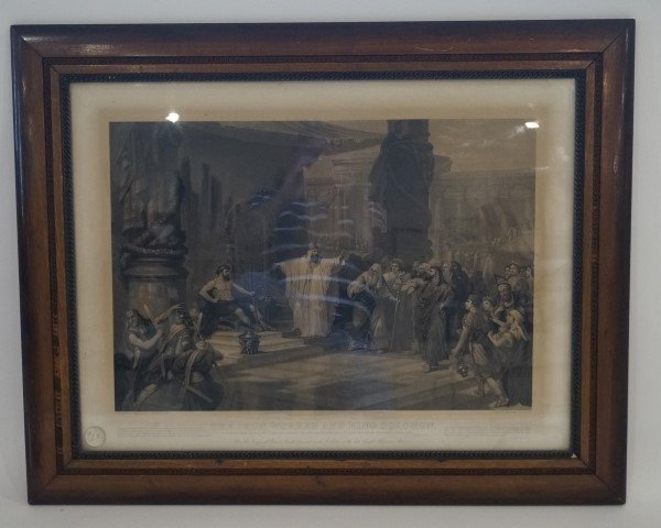 Framed Engraving, The Iron Worker and King Solomon: Engraved by John Sartain, Philadelphia, 1876. After the painting by C. Schussele 1864. Mounted on stretched canvas. Original mahogany frame; 23in. X 30.5in.