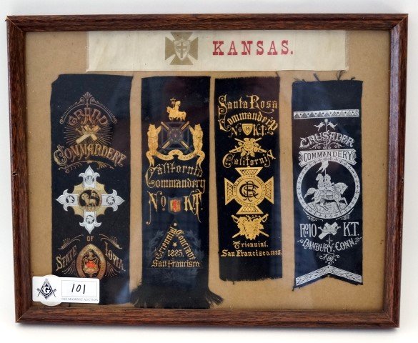 19th C Masonic Ribbon Lot - Framed (4): Grand Commandery, State of Iowa; Califnoria Comandery KT Triennial Conclave San Francisco, 1883; Santa Rosa Commandery No 14 K.T. Califnoria Triennial, San Francisco, 1883 and Crusader Commandery No. 