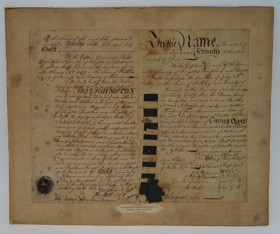18th C. Mason Certificate of Bro. James Johnston: Masonic certificate issued to Bro. James Johnston, who was raised to Knight of Knight Templar and Knights of Malta as a true and faithful Soldier of Jesus Christ. Presented by Lodge No. 349, Killilay,