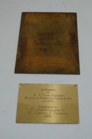 Printing Plate and In Memoriam Plaque: Copper printing plate and In Memory brass plaque inscribed "In memory of W.R> Frank Gradner, Master of Newburgh Lodge #309 in 1953 Presented by Galindo & Thomaspon 1962" 5 1/4x7" and 3 1/4x4 1/2"