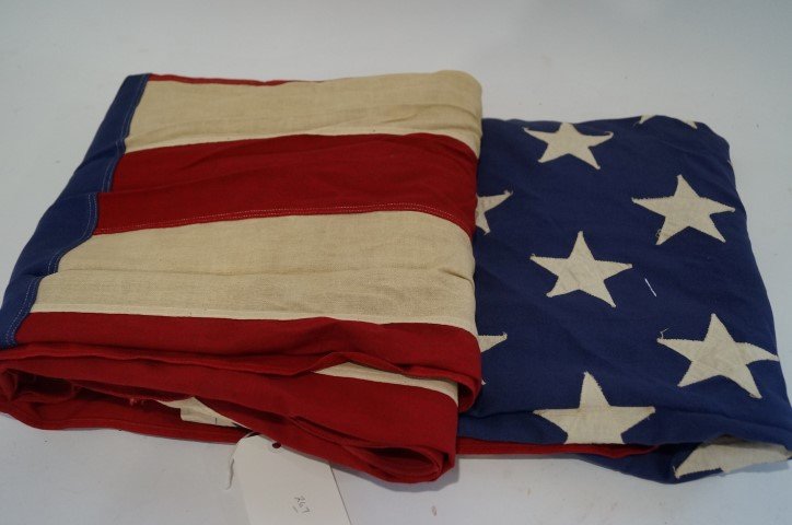 Pieced and Handswen American Flag: 50 stars. From the Newburgh Lodge. Some imperfections. 50x70"