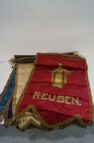 Four Satin Banners: Dan., Reuben, Judah. Ephraim. Gilt embroidered edgings. Applied letters. Painted decorations. 28x20"