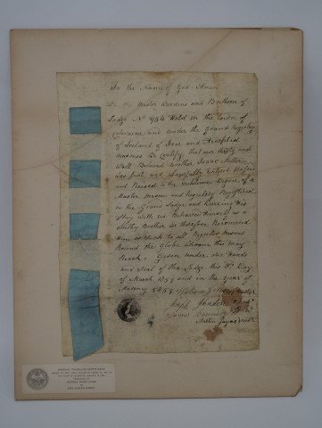 Masonic Irish Traveling Certificate: For the town of Coleraine. Issued to Bro. Issac Miller, by Lodge No. 454, in 1859. Presented to the Newburgh Lodge by Bro. Joseph Kompe. 9"x12"