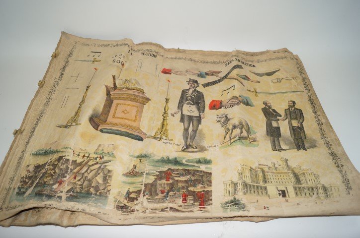 Early Masonic Degree Chart: Six(6) pages. Chromo lithographs mounted on cloth. Charting the degrees of Masonry; 23in. X 30.5in. (as is with paper loss)
