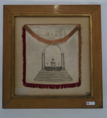 Rev. John Brown's Apron: Rev,. John Brown's Masonic Apron. Made Royal Arch Mason in 1818 when a member of Temple Chapter NO. 52 in the Village of Newburgh, New York. Oak frame. 32" square