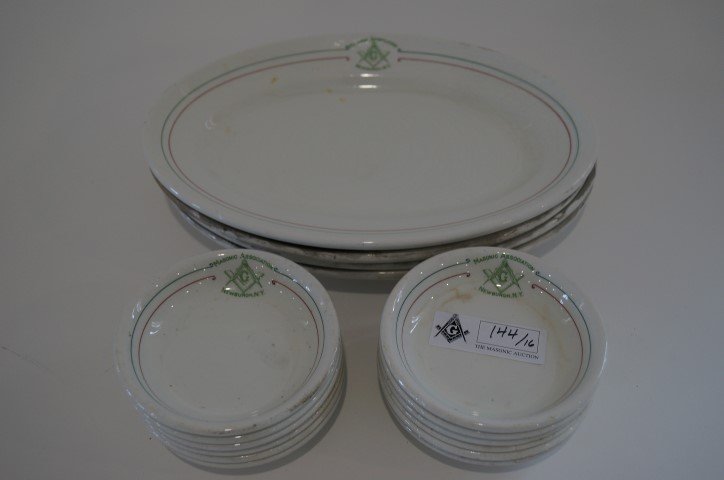 Masonic Association Newburgh NY Dishes: Lot to include four oval platters and twelve shallow bowls, all marked Masonic Association, Newburgh, NY with logo and maker's mark "John Maddock & Sons, England. Shallow bowl 5"D Platter 12" x 8 1/2"