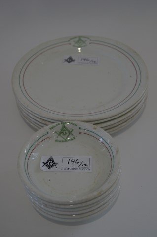 Masonic Association Newburgh NY Dishes: Lot to include six shallow bowls and six luncheon plates all marked "Masonic Association, Newburgh, NY" with logo. Maker's mark for John Maddock & Sons, England. 5"D. (shallow bowl) and 9"D. (luncheon