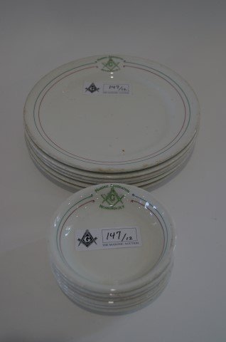 Masonic Association Newburgh NY Dishes: Lot to include six shallow bowls and six luncheon plates all marked "Masonic Association, Newburgh, NY" with logo. Maker's mark for John Maddock & Sons, England. 5"D. (shallow bowl) and 9"D. (luncheon
