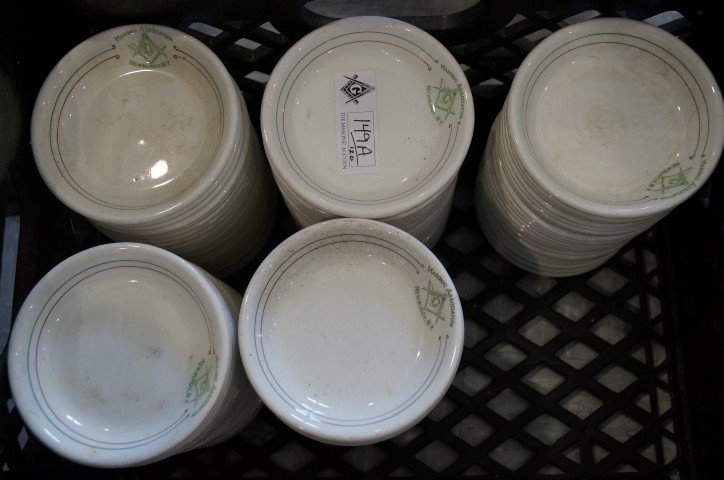 Masonic Ironstone Shallow Bowls (120): Lot of 120 ironstone shallow bowls marked Masonic Association Newburgh, New York with masonic logo and maker's mark for John Maddock & Sons, England 5"D. Various conditions, many perfect but some with