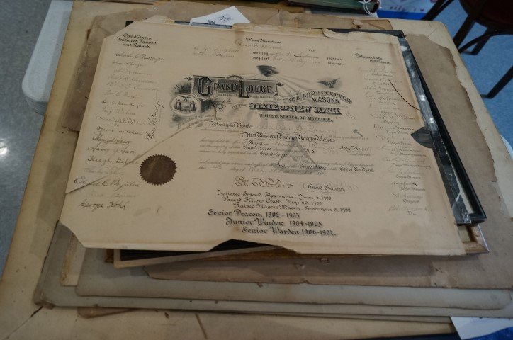 Masonic Photographs & Certificates: Lot of unframed and framed certificates, interior photos of the lodge, portrait and In Memoriams ranging in size from 16" x 22" to 22" x 28"