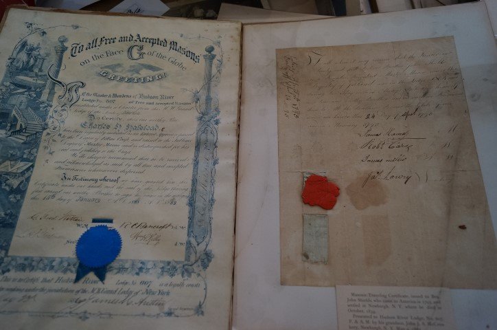 Masonic Books, Letters & Documents: Large portfolio "Masonic Degree Book" with original lithographs together with Masonic certificates; a large photograph "Balkline Billiard Championship of the World-Hotel Pennsylvania, March 1923; two 