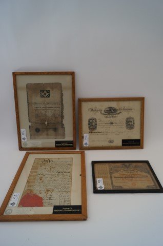 Four Early Framed Certificates: U. S. Internal Revenue Receipt; Certification for Engine No 4 Washington Fire Engine Co., Village of Newburgh; Masonic Traveling Certificate and a second Masonic Traveling Certificate C. 1796. 8" x 11