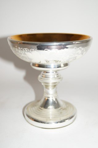 Frosted Mercury Glass Compote: Mercury glass pedestaled compote. Frosted grape and leaf decoration. Lustre interior; 5.75in. H. x 5.5in. D.