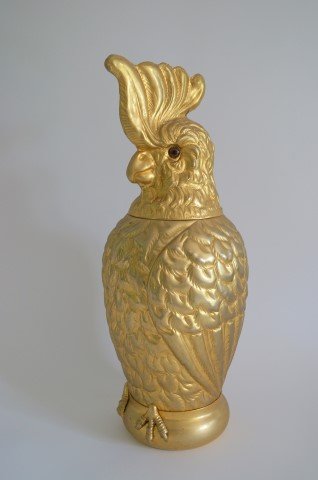 Rare Mark Cross Cockatoo Humidor: Gilt metal. Glass eyes. Hinged lid. Markings at the back for Cross. Italy. 17 1/2"h