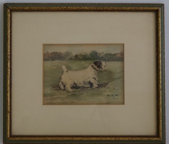 Mary Waterman; American Watercolor Painting: Dog on Grass. Signed L.R. M.R.W. 3 3/4"h 5"w