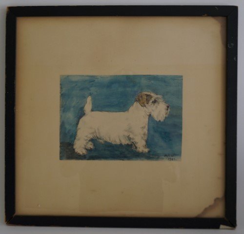 Mary Waterman; American Watercolor Painting 1937: Dog. Signed lower right MRW and dated 1938. Framed - 6"h 8 1/4"w (watercolor size) staining lower right.