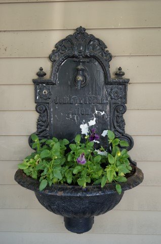 Cast Iron Wall Planter: Ornate wall planter with spigot. Marked John Lux & Sohn, Wein; 31in. H. x 21in. W.
