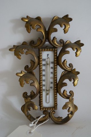 Gilded Cast Bronze Thermometer: Porcelain thermometer. Plaque at center. 9"h