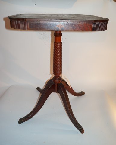 Mahogany Inlaid Occasional Table: Decorative apron-brass terminations to the feet. One missing. 26 1/2"h 20 1/2" square