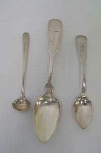 Coin Silver Spoons (3): Tablesppons marked Tenney 251 Bway (inscribed Amelia); jam spoon marked JF Aster with hallmark and a teaspoon marked N & T foster. Three pieces in the lot.