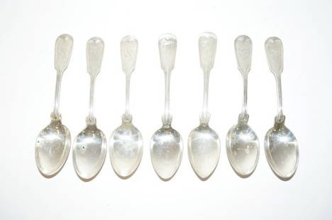 Sterling Silver Teaspoon (7): Five marked Sterling and with an indiscernable markers mark. Monogrammed B. Two marked Sterling and with early Gorham hallmarks. Monogrammed A. Seven in the lot.