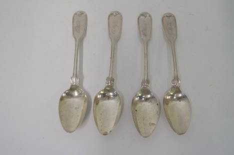 Coin Silver Spoons Signed (4): Four coin silver teaspoons signed Platt _____ (remainder hard to decipher) Monogrammed E. Woods. Four in the lot.