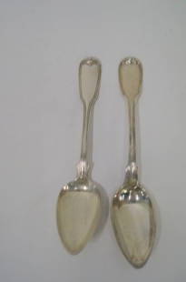 Coin Silver Tablespoons (2): One marked Joseph Haynes. Pure coin, the other which is identical in size and form. Has three touchmarks, all hard to decipher. Not monogrammed.