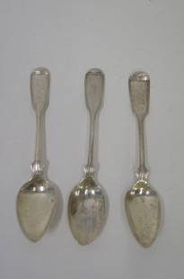 Coin Silver Teaspoons (3): One marked Lawshe and Haynes; two marked with different names but hard to read. Spoons are the same. One inscribed Bette Twodel monogrammed. Three in the lot.