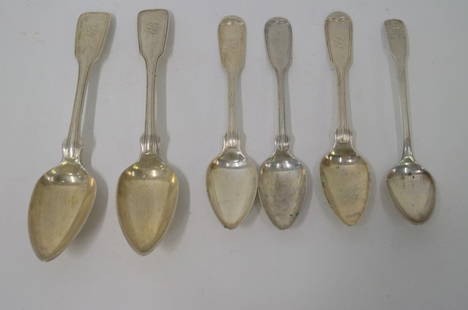 Coin Silver Spoons (6): Two tablespoons and four teaspoons. All monogrammed. Two teaspoons marked Benedict. One teaspoon marked RW. The fourth teaspoon marked but difficult to read. Two tablespoons marked Geoff.