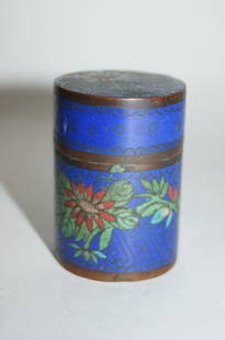 19th C Cloisonne Box: Decorated with multi-colored flowers on a cobalt ground. 1 3/4"h and 1 1/4"d