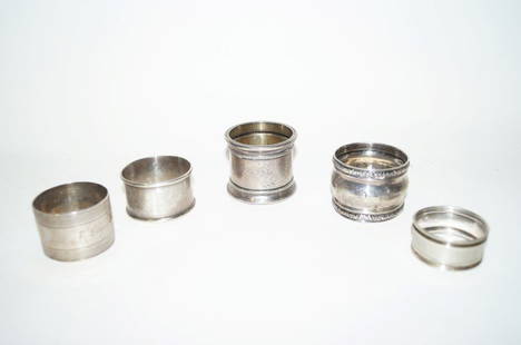 Victorian to 1920 Napkin Rings (5): Fancy large to art deco period. Five in the lot. Varying sizes.