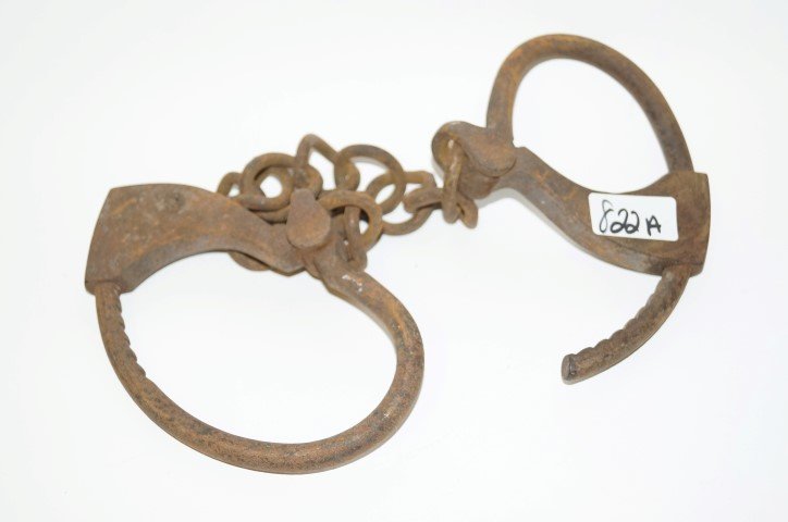 Early Iron Shackles: Handforged leg irons. 22"L