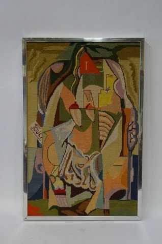 20th C. French abstract needlepoint: Mid Century Modern needlepoint, Abstract Composition. Original framing; 26.25in. X 17in.