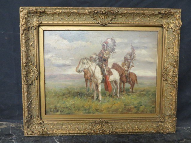 Oil Painting Signed W. R. Leigh: Indian on horseback. Signed W.R. Leigh 12x16