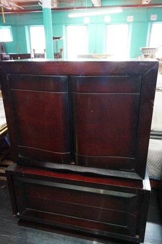 Art Deco Style Chest and Dresser: Mahogany. Good design. Two doors open to reveal unusual brass fitted glass fronted campaign style drawers. Bottom is a cedar chest. Undulated "wave"like fronts. 55" x 39" . X 21"; 35" x 71" x 21"