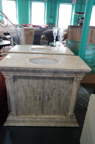 Pair of Marble Top Custom Sinks: Architectural columns Silver gilt brite wash on the front doors. Two in the lot. 36H. X 43"W. x 22"D (Each one)