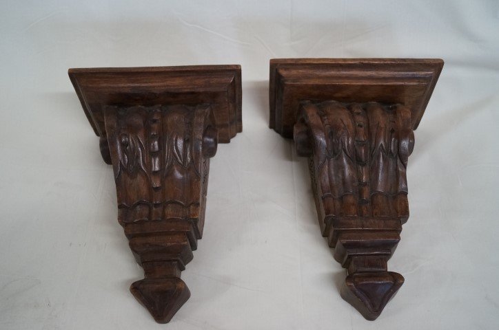 Pr. Mahogany Architectural Brackets: Wood carved Capital type wall mount bracket shelves 14 1/2" 11"